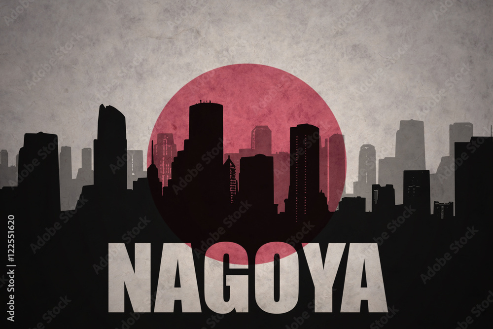 abstract silhouette of the city with text Nagoya at the vintage japanese flag background