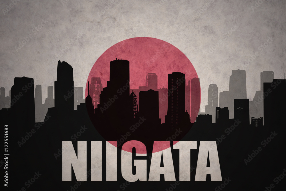 abstract silhouette of the city with text Niigata at the vintage japanese flag background