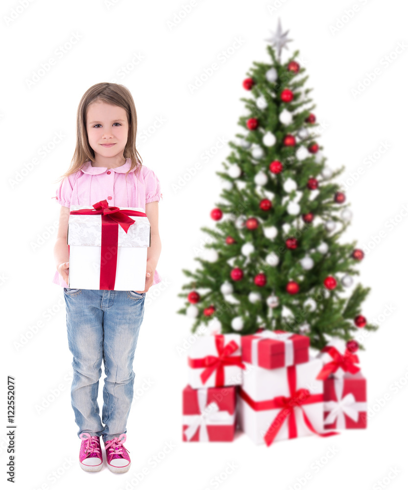 christmas concept - cute little girl with gift box and christmas christmas concept - cute little girl with gift box and christmas