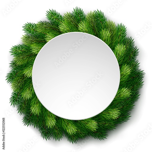 Detailed christmas wreath of fir branches with white board