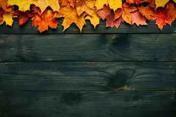 Wooden background with autumn leaves