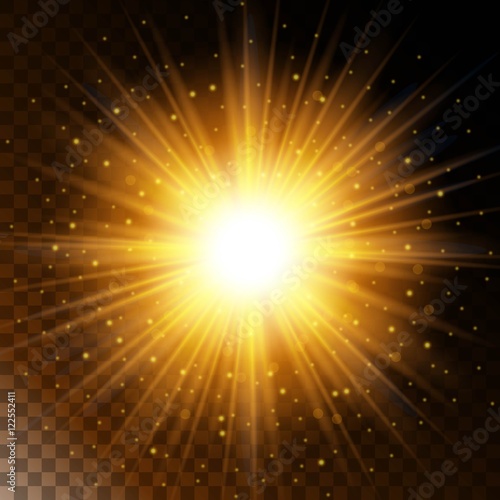 Set of glowing light effect star, the sunlight warm yellow glow with sparkles on a transparent background. Vector illustration