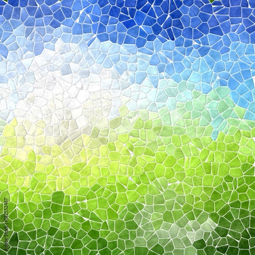 landscape colored abstract marble irregular plastic stony mosaic pattern texture background with white grout - blue sky over green grass