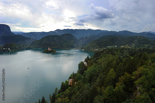 Aerial view of church of Assumption in Lake Bled, Slovenia
