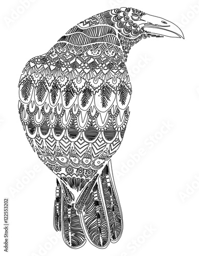 Stylized crows. Decorative bird. Line art. Rook. Black and white drawing by hand. Doodle. Zentangle. Tattoo. Graphic arts.