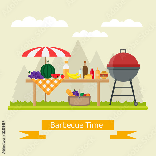 Fruit, wine, barbecue, picnic grill, watermelon on the grass set. Summer time on meadow. 