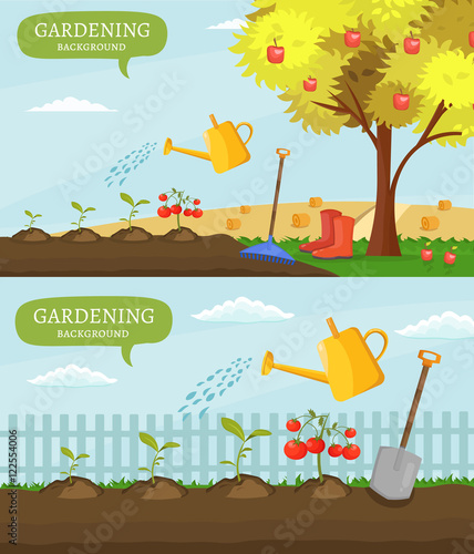 Garden colorful designs elements vector farm illustration icon set of different gardening equipment, tools, vegetables and plants. 
