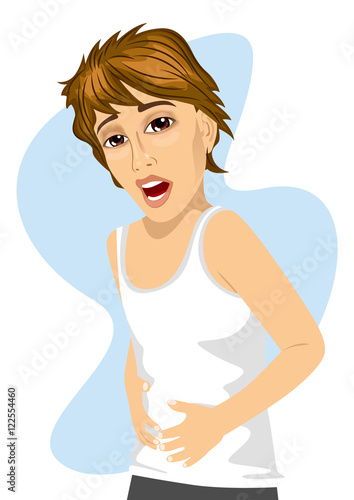 teenager boy having abdominal pain isolated on white
