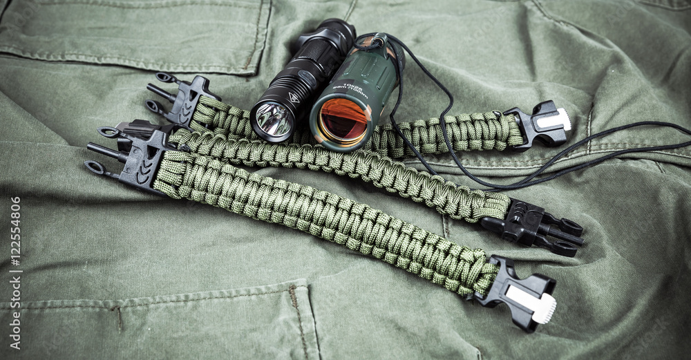 Military paracord bracelet, tactical torch and spy-glass