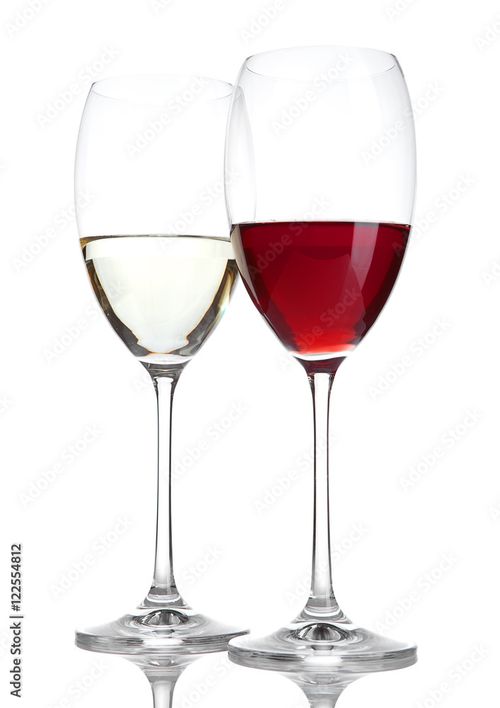 Glass of red and white wine with reflection