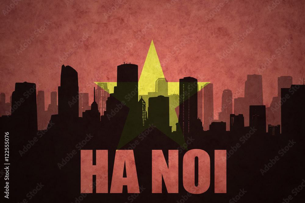 abstract silhouette of the city with text Ha Noi at the vintage vietnamese flag background abstract silhouette of the city with text Ha Noi at the vintage vietnamese flag background