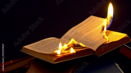 Open book burning on black background. Book with text burning in flame.