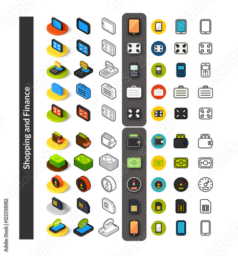 Set of icons in different style - isometric flat and otline, colored and black versions
