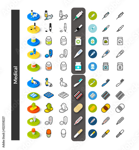 Set of icons in different style - isometric flat and otline, colored and black versions