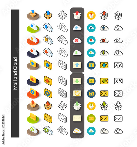 Set of icons in different style - isometric flat and otline, colored and black versions