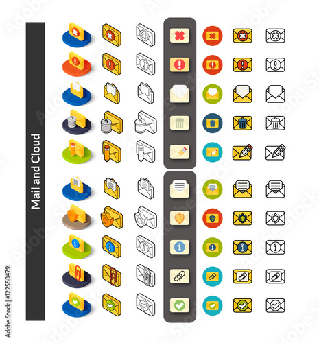 Set of icons in different style - isometric flat and otline, colored and black versions