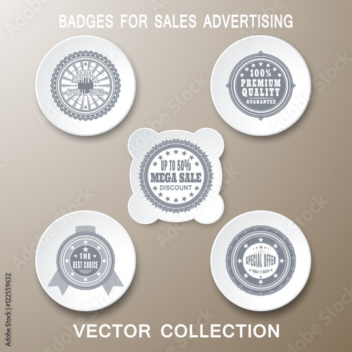 Vector set of retro badges for advertising megasales in gray and white with shadows on gradient brown background.