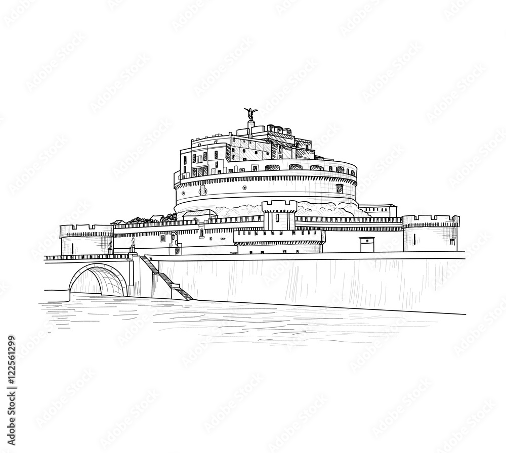 Fototapeta premium Rome cityscape with Castle Saint Angel. Italian city famous building. Travel landndmarks of Italy 