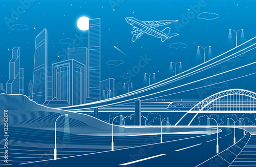 Car overpass, city infrastructure, urban plot, plane takes off, train move on the bridge, transport illustration, white lines on blue background, vector design art