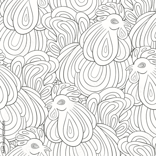 Seamless pattern of hand-painted roosters.The symbol of the Chinese new 2017.Coloring book for adult, antistress coloring pages.Zodiac Animals. 