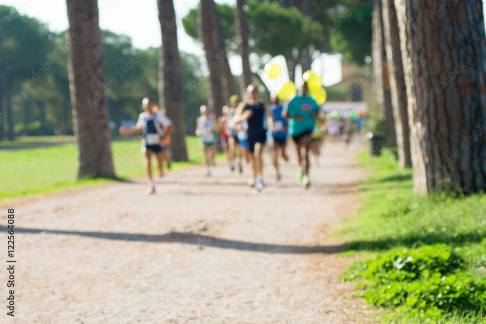 runners in marathon in a park abstract, blurry
