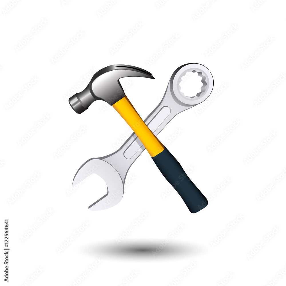 Crossed hammer and wrench. Isolated on white. Vector illustratio Crossed hammer and wrench. Isolated on white. Vector illustratio