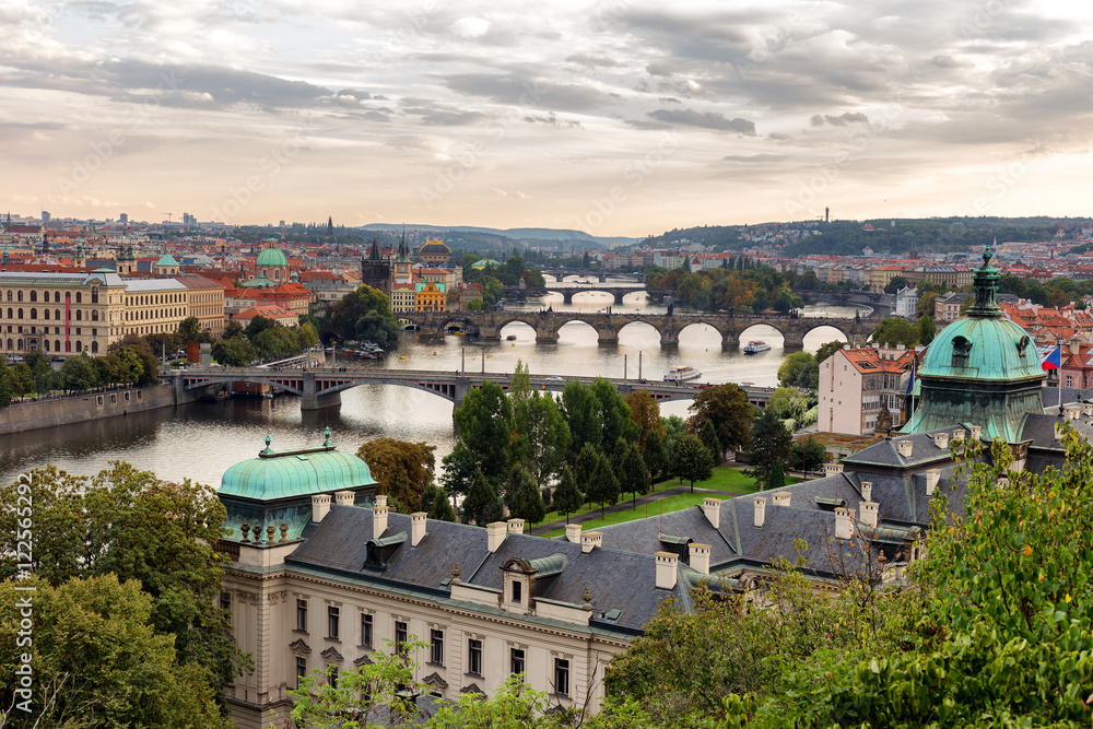 Beautiful Panoramic View of Prague Bridges on River Vltava