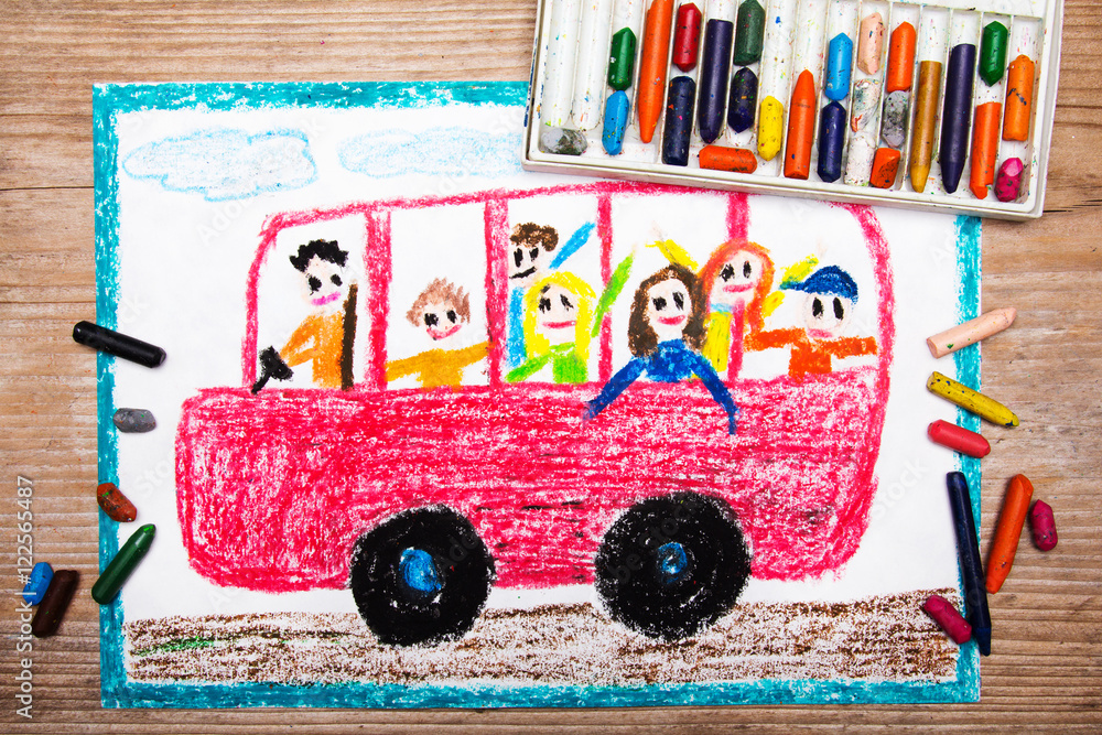 Colorful drawing - red school bus with happy children inside