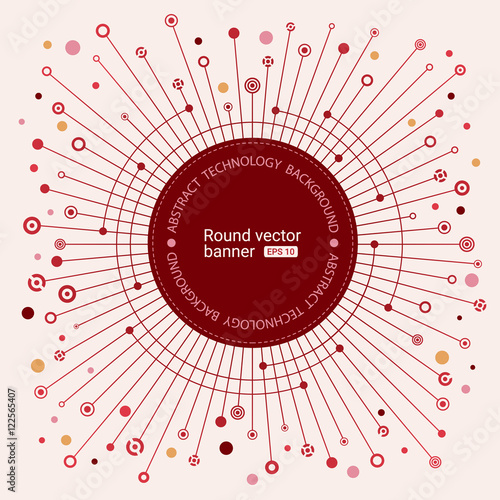 Colorful background. Round banner. Empty space for text. Crossing the gold dots, circles, lines, symbols. The chaotic motion. Theme of medicine, science, technology, global communications. Vector.
