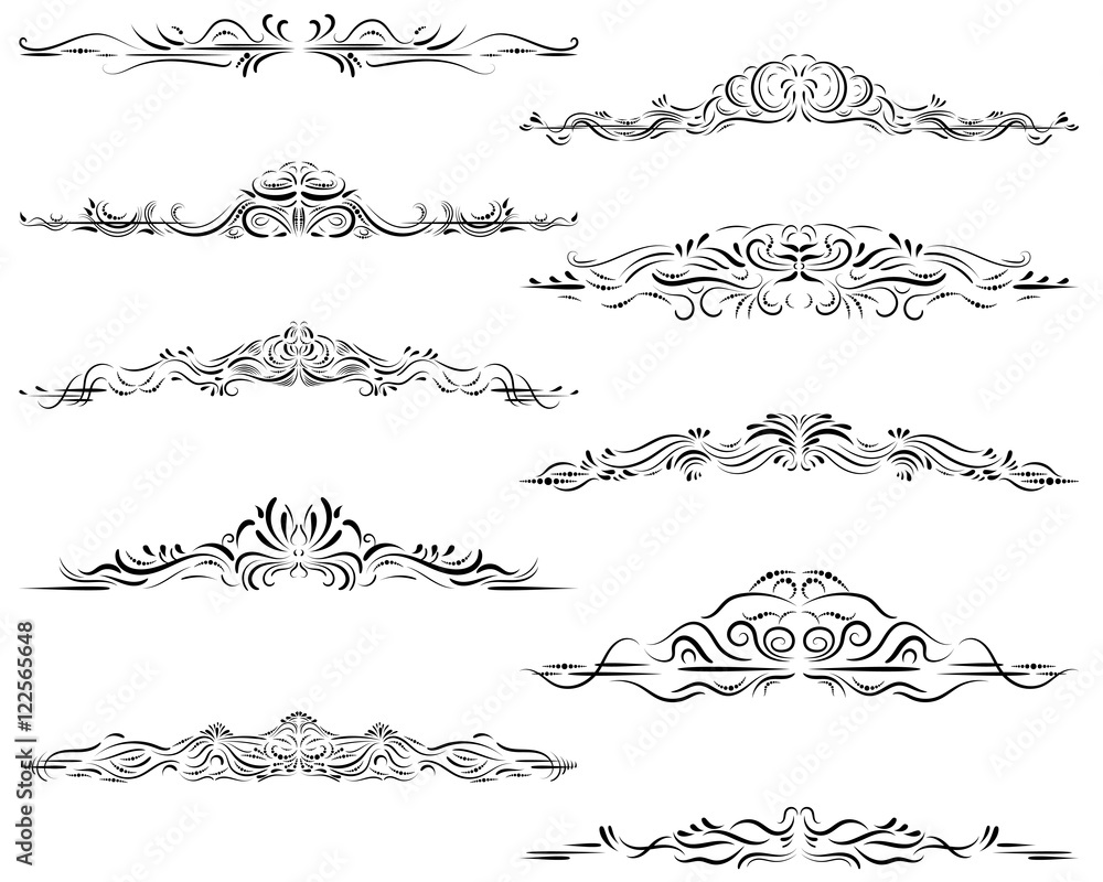 Calligraphic design elements, ornate border frames, text divider, swirl, scroll