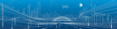 Automotive flyover, infrastructure and transportation panorama, plane flies, train move on the bridge, business center, night city, towers and skyscrapers, urban scene, vector design art
