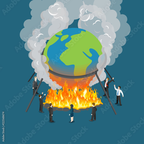 Flat isometric Politics burn globe fire vector Global treat 3d