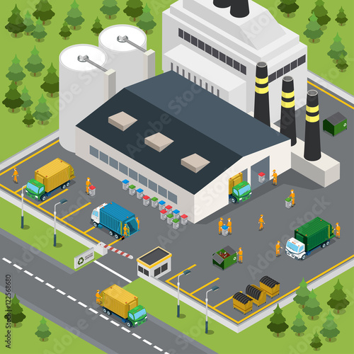 Flat isometric garbage transport factory vector 3d city resource
