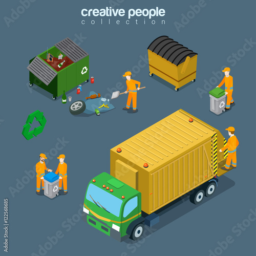 Flat isometric garbage man junk car vector City Services 3d