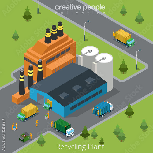 Flat isometric garbage transport factory vector 3d city resource