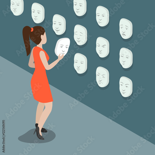 Flat isometric Woman face mask wall vector. 3d mood emotions