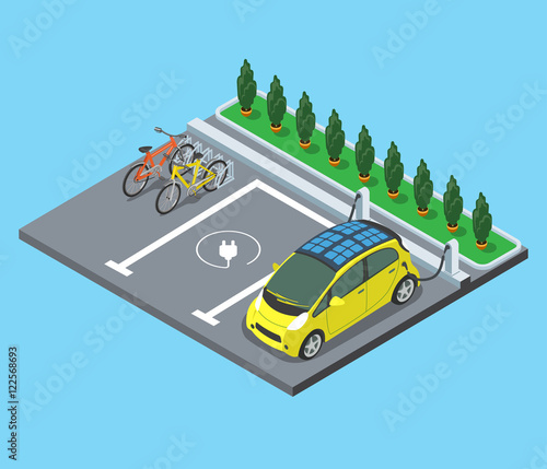 Flat isometric Parking bicycle electro cars vector 3d services.