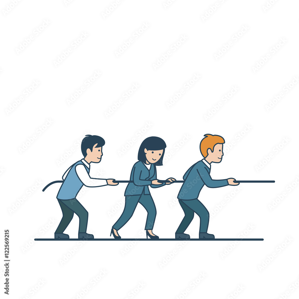 Linear Flat Business teamwork man woman pulling rope vector Stock Vector