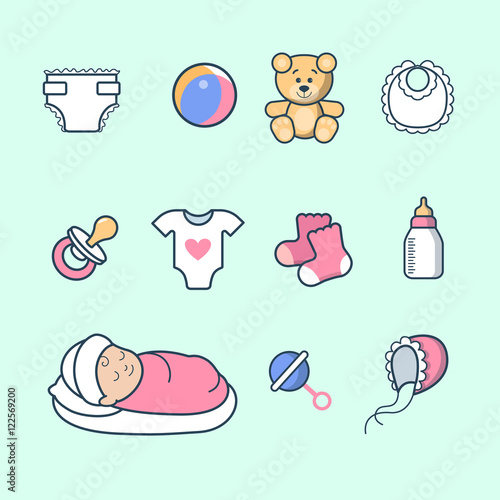 Linear Flat Newborn Girl ball bear socks diaper soother vector