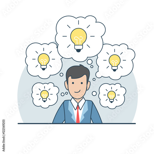 Linear Flat Business man plenty idea chat bubble lamp vector.