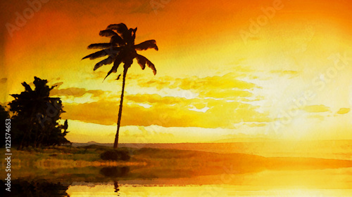 Tropical Sunset Watercolor Background