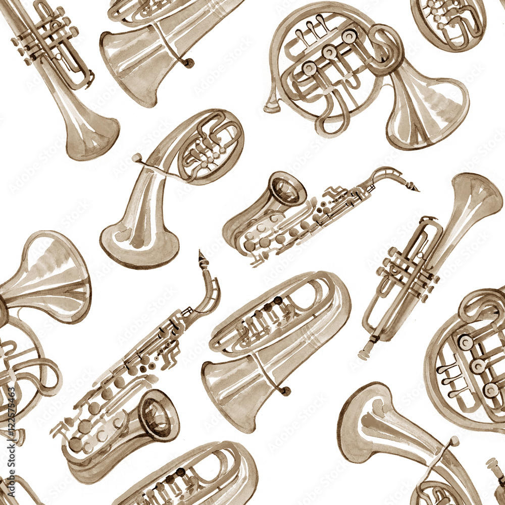 Fototapeta premium Watercolor copper brass band music pattern