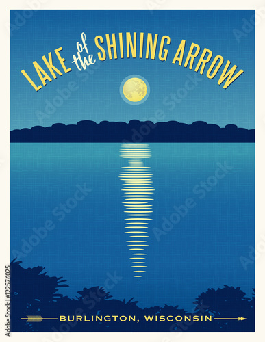 Moon shining reflection on calm lake. Travel poster retro design
