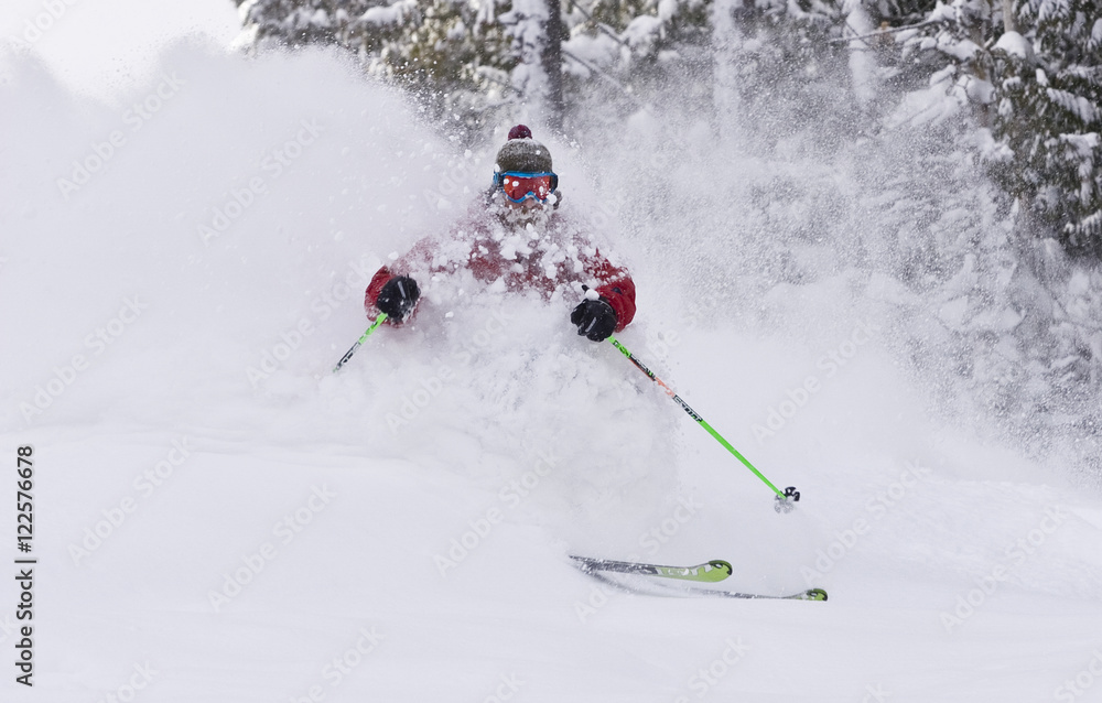 Bearded man skiing deep powder at Fernie Alpine Resort, Fernie, BC, Canada. Bearded man skiing deep powder at Fernie Alpine Resort, Fernie, BC, Canada.