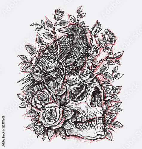 Sketchy Crow, Roses and Skull Tattoo Design Linework