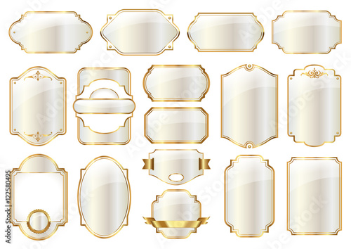 collection of blank white labels with golden frames, vintage vector design elements photo