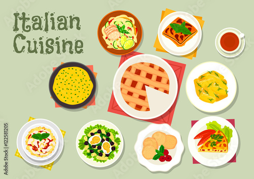 Italian cuisine pasta dishes with desserts icon
