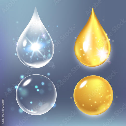Vector illustration of Set  collagen drops, water, transparent, hyaluronic acid.