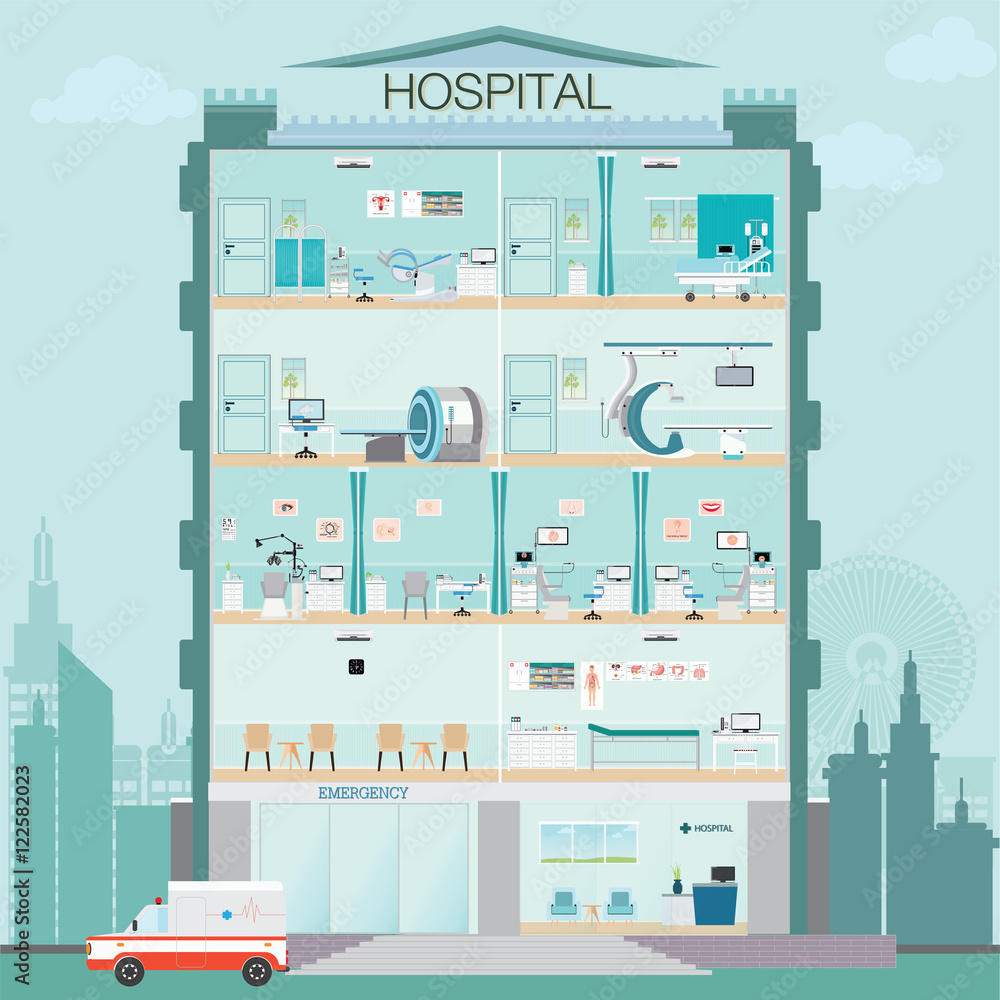 Hospital building exterior with doctor and patient medical check