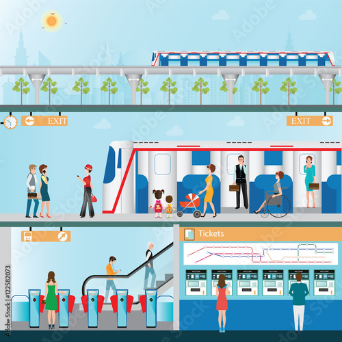 Sky train station with people.